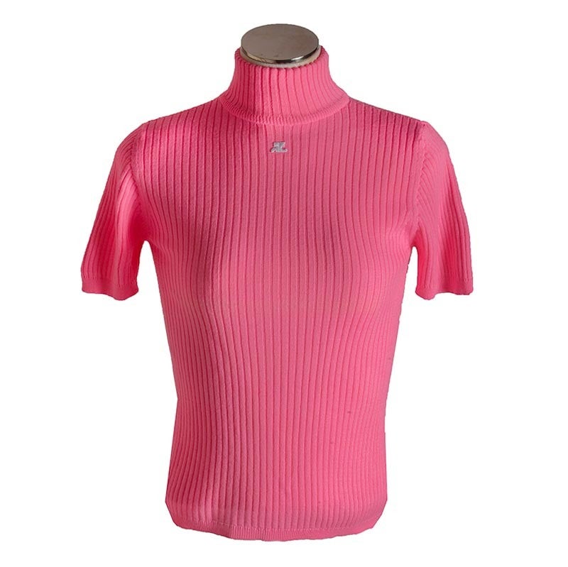 New Courreges Bright Pink Ribbed Knit Mock Turtleneck Short Sleeve Sweater