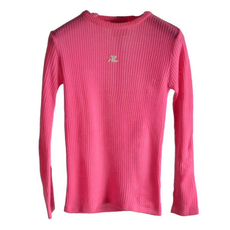 70's Vintage Courreges Hot Pink Long Sleeve Knit Pullover Sweater For Sale
