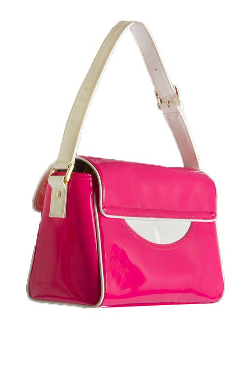 Vintage Courreges Hot Pink and White Patent Leather Handbag at 1stdibs