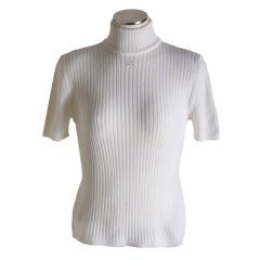 New Courreges White Knit Mock Turtleneck Short Sleeve Sweater