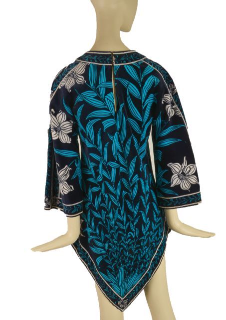 Black 1970's Emilio Pucci Blue Floral Velvet Print Point Dress Tunic Size 10 For Sale