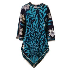 1970's Emilio Pucci Blue Floral Velvet Print Point Dress Tunic Size 10