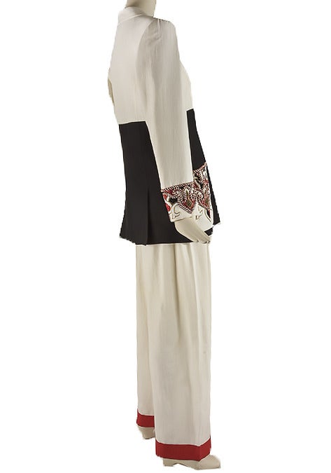 Beige 1980's Emanuel Ungaro White Black Red Beaded Two Piece Pants Suit Size 10/12 For Sale