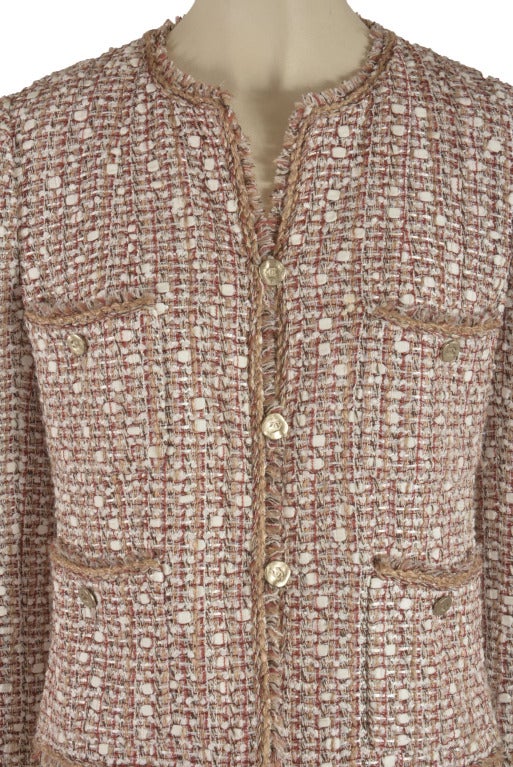 Chanel Jacket  Beige, red, white  Boucle & Fringe Box Jacket Size 42