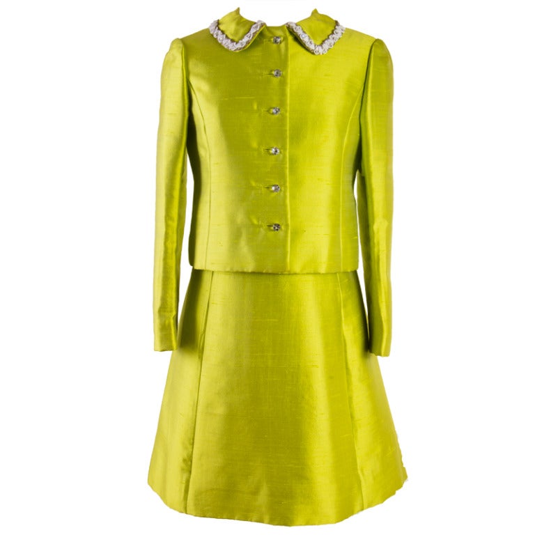 1960's Gino Charles Lime Green Two Piece Dress & Matching Jacket For Sale