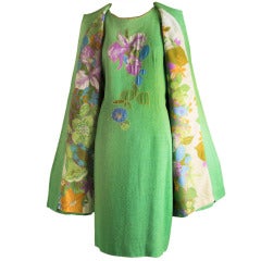 Vintage 60's Edith Flagg Green Floral Dress w/ Overcoat RARE