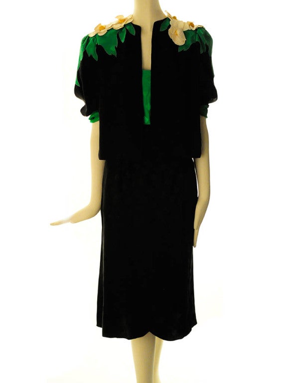 Levino Verna 3p. Jacket/Skirt & Camisole Set-Black & Green