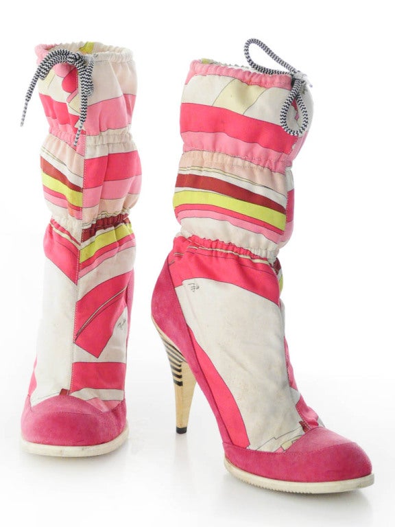 Mod drawstring mid-calf boots by Pucci feature pink, fuchsia, purple, lime green and white psychedelic print uppers; fuchsia suede trim; rhinestone embellished 