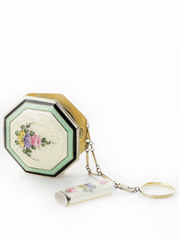 Beige Enamel and Sterling Compact On A Ring-Green Floral For Sale