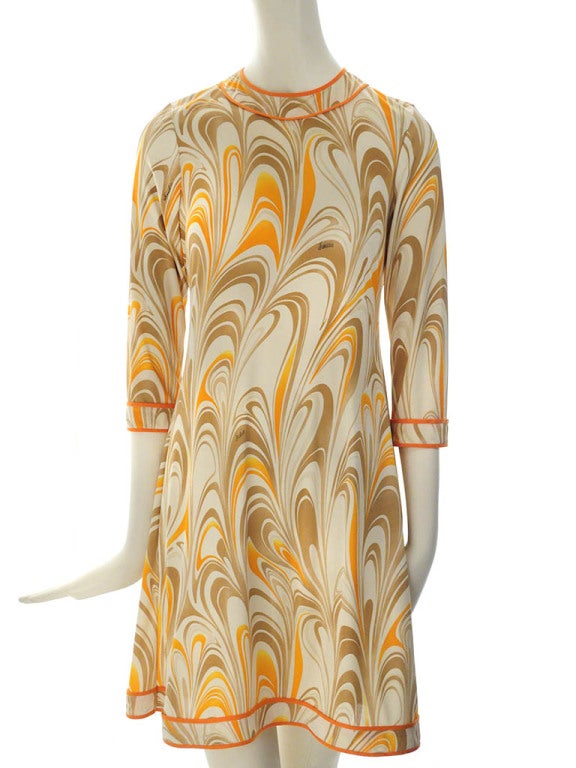 Vintage Emilio Pucci mini shift dress in cream knit silk with orange and brown marble signed print 