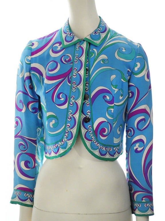 Vintage Emilio Pucci bolero jacket in teal silk with purple, fucsia, green and mint iconic Pucci print 