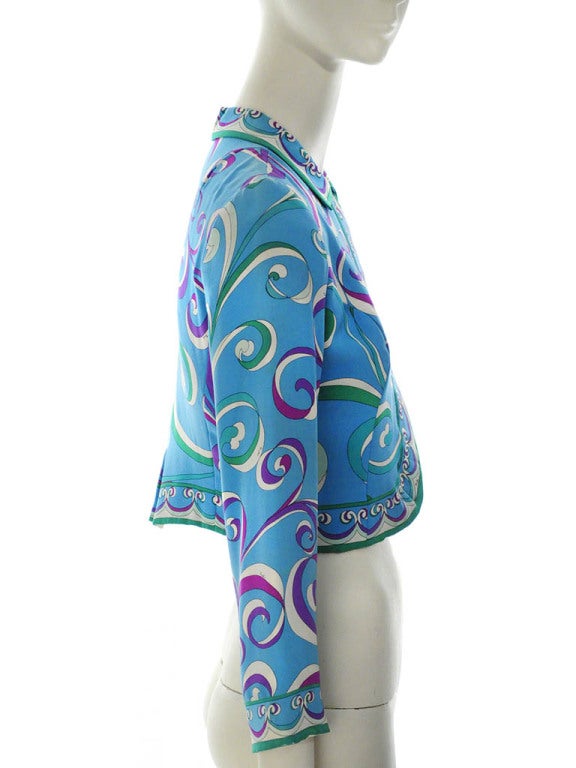 Vintage Emilio Pucci Teal Silk Bolero Jacket In Good Condition For Sale In Boca Raton, FL