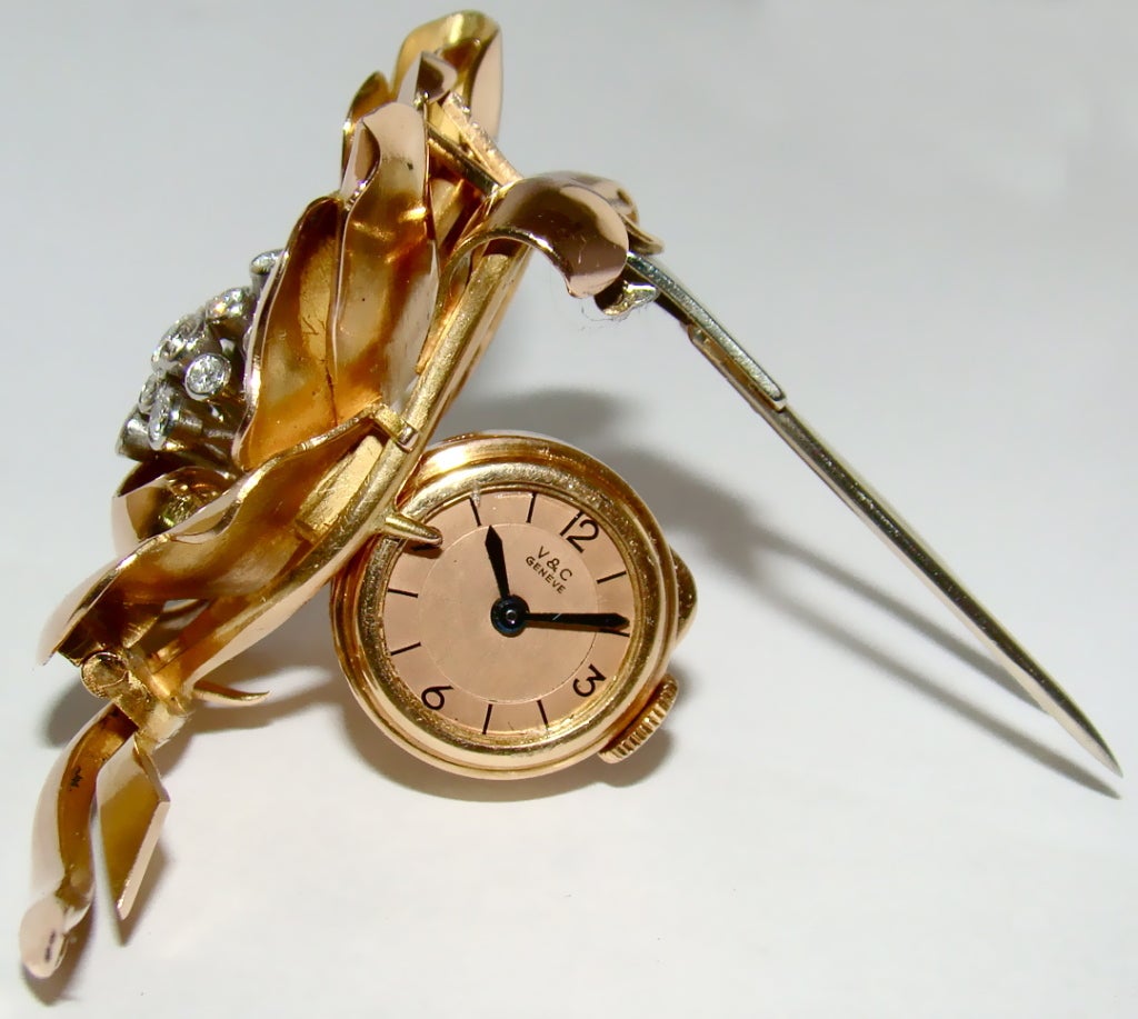 VACHERON & CONSTANTIN Rose Gold and Diamond Flower Brooch Watch For Sale 3