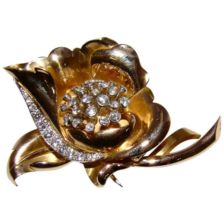 VACHERON & CONSTANTIN Rose Gold and Diamond Flower Brooch Watch For Sale