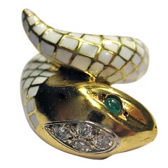 Gold Diamond and Emerald Enameled Snake Ring.