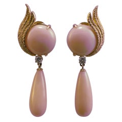 Pair of Angelskin Coral & Diamond Earrings.