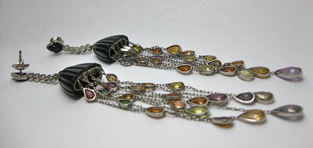 Women's Multicolor Sapphire, Onyx & Diamond Earrings. For Sale