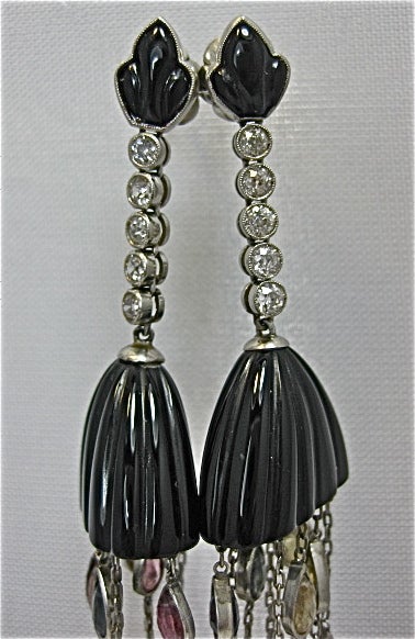 Multicolor Sapphire, Onyx & Diamond Earrings. For Sale 1