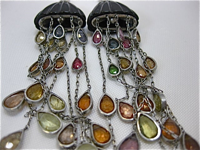 Multicolor Sapphire, Onyx & Diamond Earrings. For Sale 2