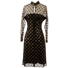 1970's Pauline Trigere Black and Gold Cocktail Dress