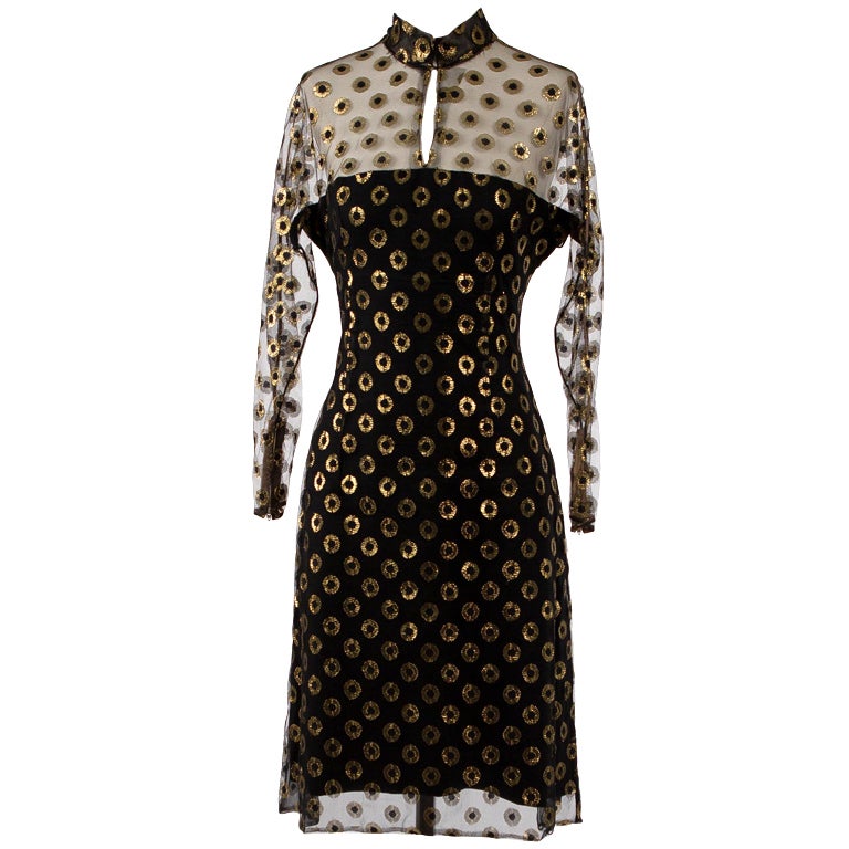 1970's Pauline Trigere Black and Gold Cocktail Dress For Sale