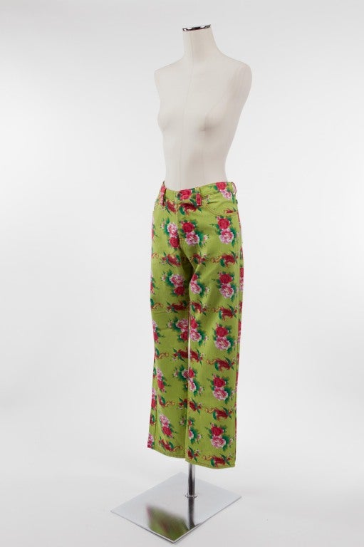 Make a statement! Loose fit, lime green button fly jeans with rose floral print. Metropolitan Museum archive, these Todd Oldham jeans are in the Oldham Collection.  Size 34/32.

Photography provided by Drew Altizer Photography for Helpers House of