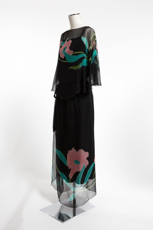 Solid slip dress with separate wrap skirt and capelet overlay with magnificent flowers in pink with green leaves. 20