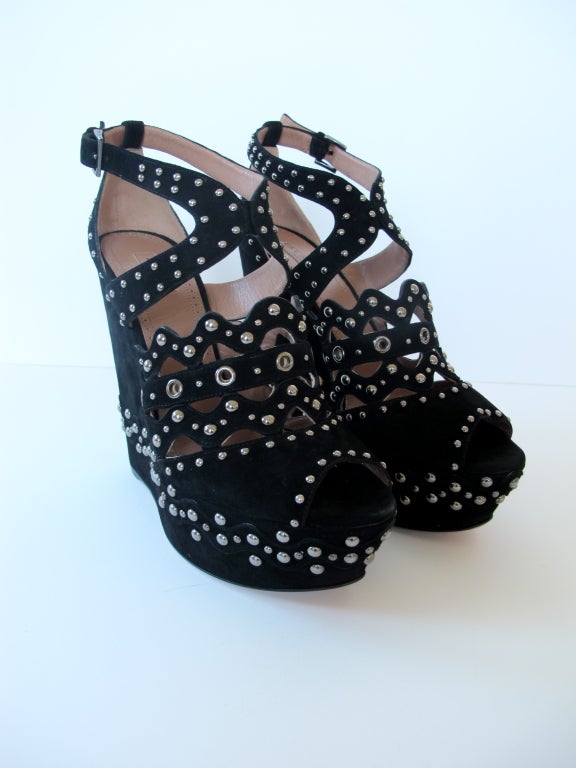 Alaia Black Suede Studded Platform Wedge Sandals