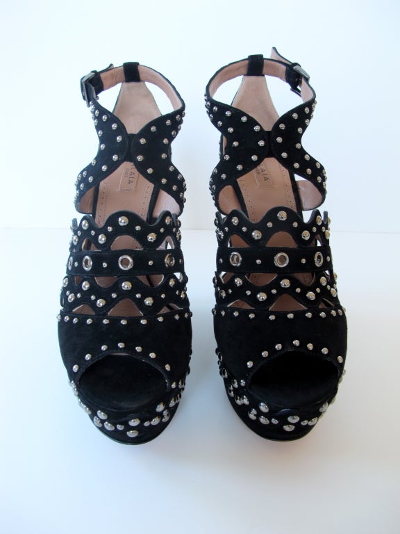 Alaia Black Suede Studded Platform Wedge Sandals at 1stdibs
