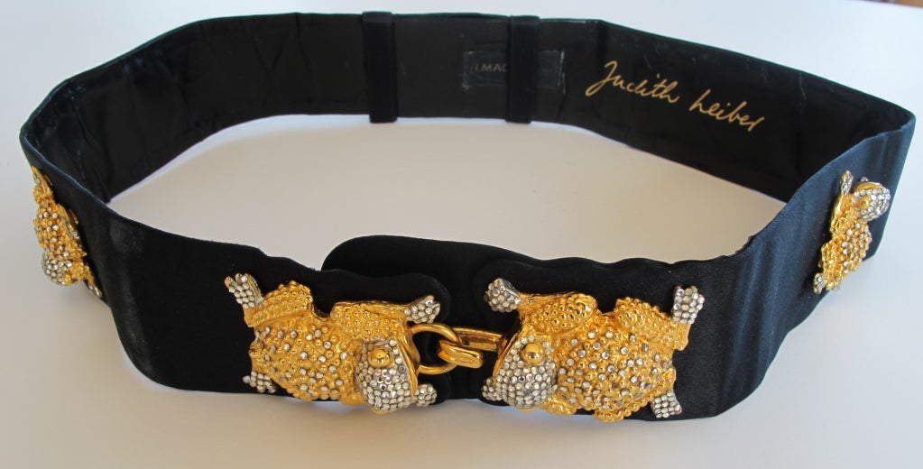 Kiss the magical Leiber frogs and you will look and feel fabulous! This satin and leather adjustable belt is signed and retains its original I. Magnin store label. Belt can fit from 23