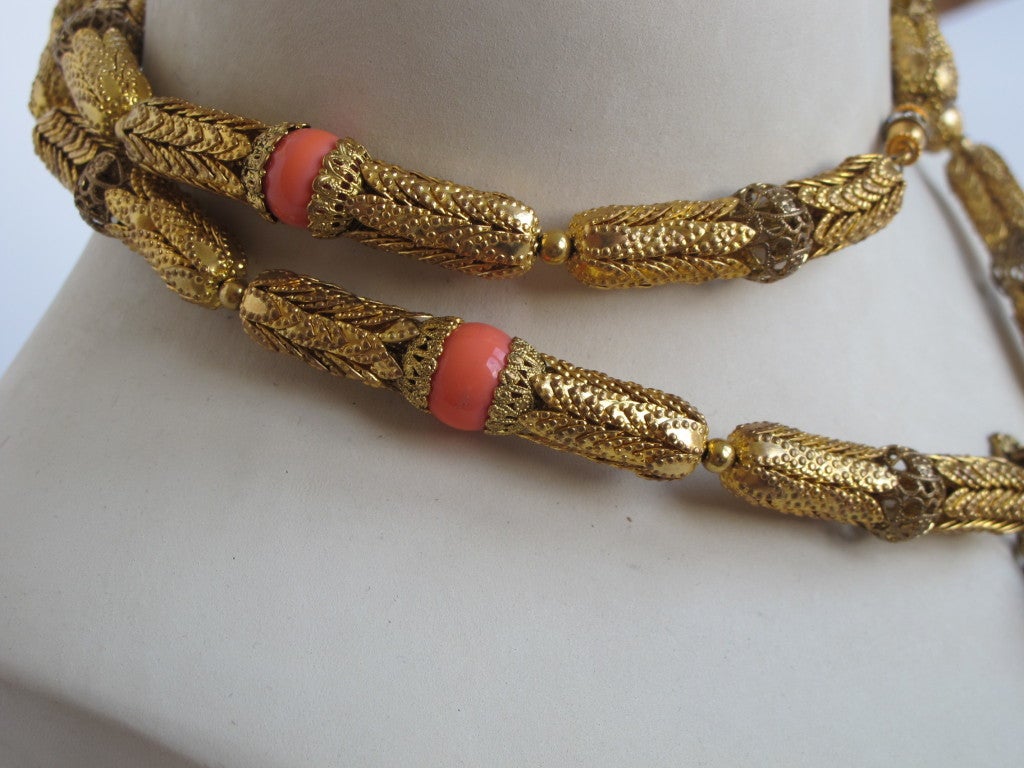 Women's 1960's Gold Tone & Faux Coral Necklace For Sale