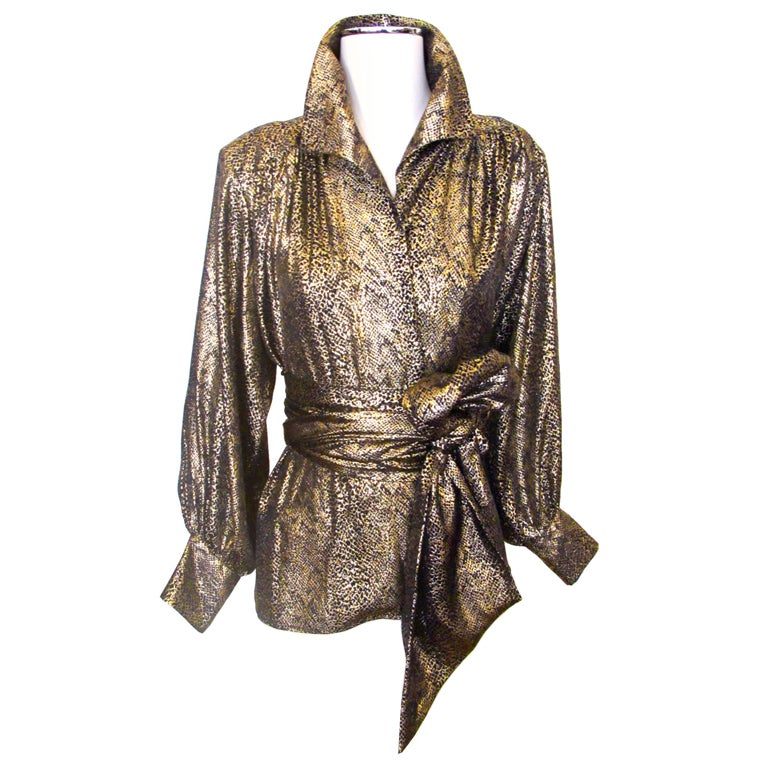 1980's Yves Saint Laurent Silk Metallic Blouse and Tie For Sale