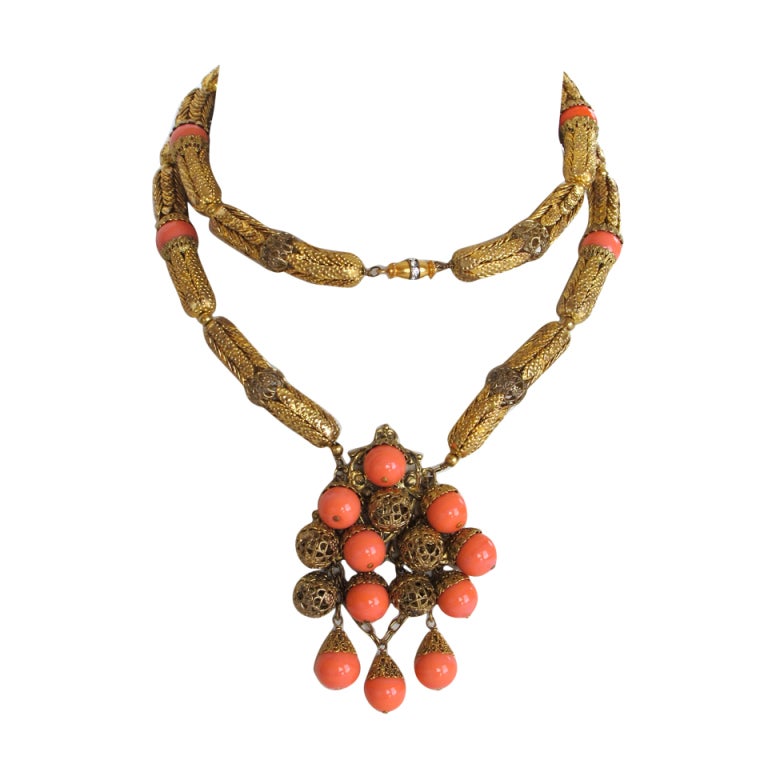 1960's Gold Tone & Faux Coral Necklace For Sale