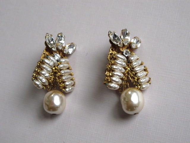 Stunning 1950's Miriam Haskell Clip-On Earrings with faux pearls are 1.75