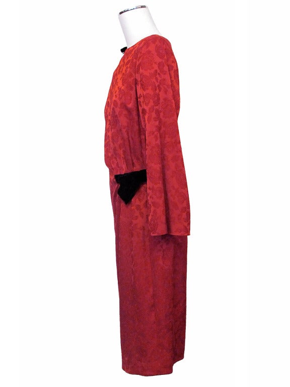 1990's Yves Saint Laurent Red Flower Brocade Dress In Excellent Condition For Sale In San Francisco, CA
