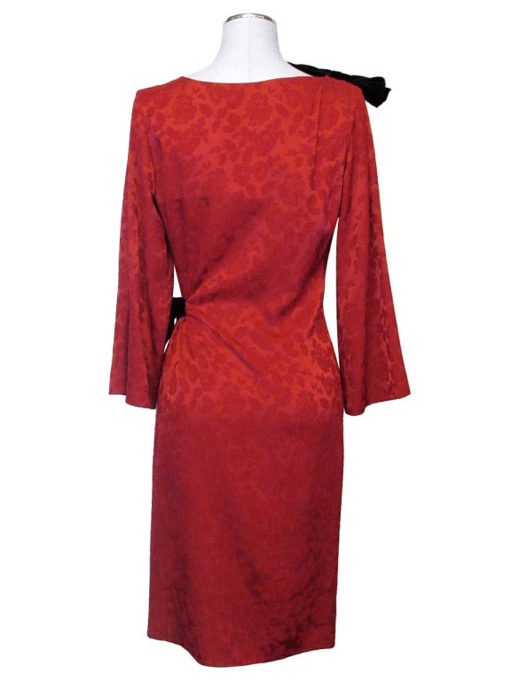 Women's 1990's Yves Saint Laurent Red Flower Brocade Dress For Sale