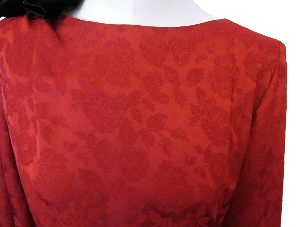 1990's Yves Saint Laurent Red Flower Brocade Dress For Sale 1