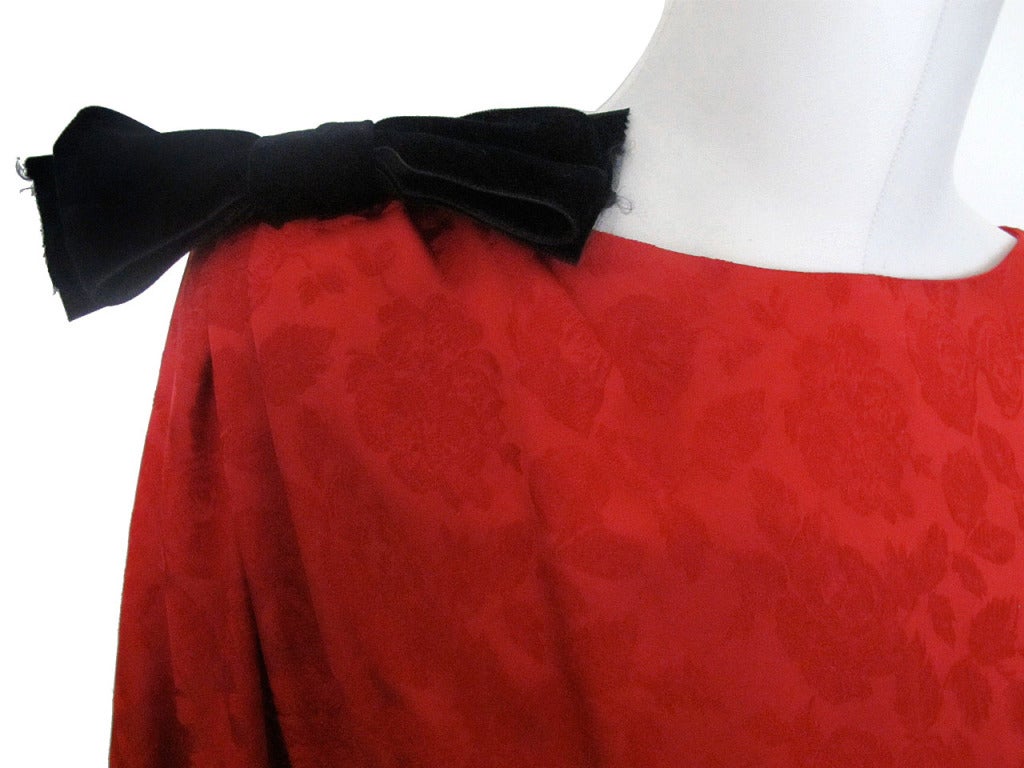 1990's Yves Saint Laurent Red Flower Brocade Dress For Sale 2