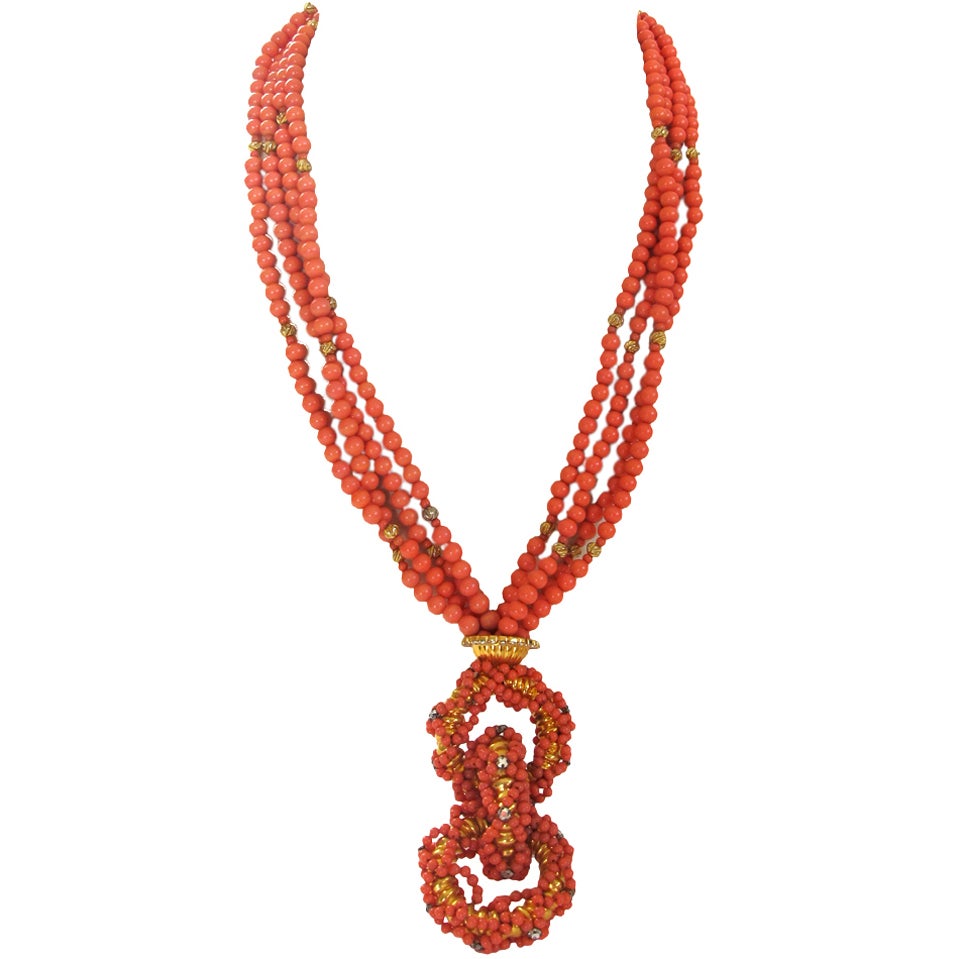 1960's William de Lillo Faux Coral Beaded Necklace For Sale