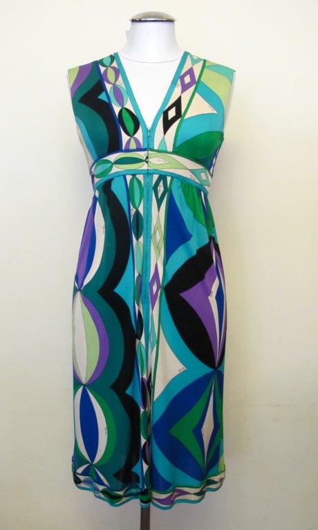 Classic Pucci dress with center front zipper and geometric design in varied colors of green, blue, purple, turquoise, black and white. Made for Lord and Taylor, New York.

Photography provided by Roberto Rosas-Mariscal for Helpers House of Couture