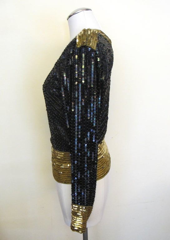 Black 1980's Yves Saint Laurent Sequin and Beaded Blouse For Sale