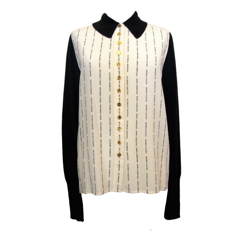 1980's Chanel Cashmere and Silk "No Smoking" Blouse For Sale