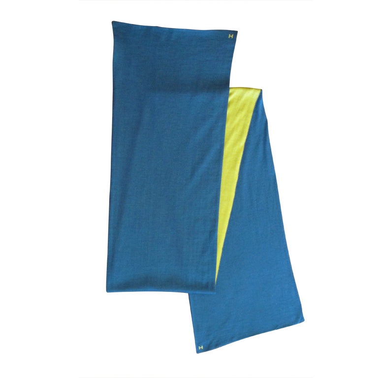 Hermes Blue and Chartreuse Silk & Cashmere Scarf For Sale