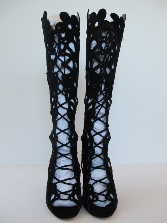 Manolo Blahnik Black Suede Lace-up Knee Boots 1