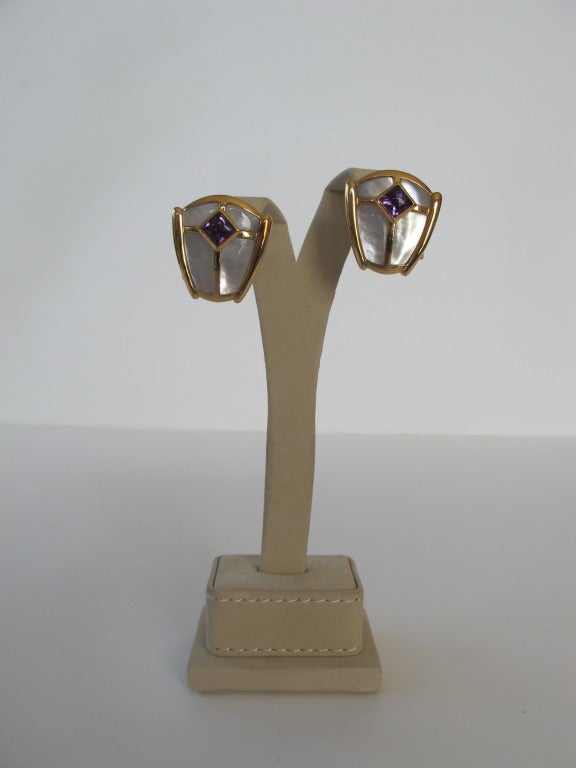 Kai-Yin Lo Mother-of-Pearl, Amethyst, Vermeil Shield-Form French Back Earrings In Excellent Condition In San Francisco, CA