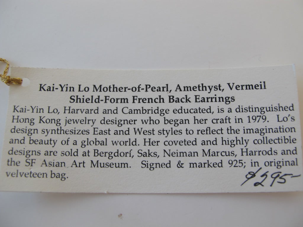 Kai-Yin Lo Mother-of-Pearl, Amethyst, Vermeil Shield-Form French Back Earrings 2