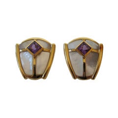 Vintage Kai-Yin Lo Mother-of-Pearl, Amethyst, Vermeil Shield-Form French Back Earrings