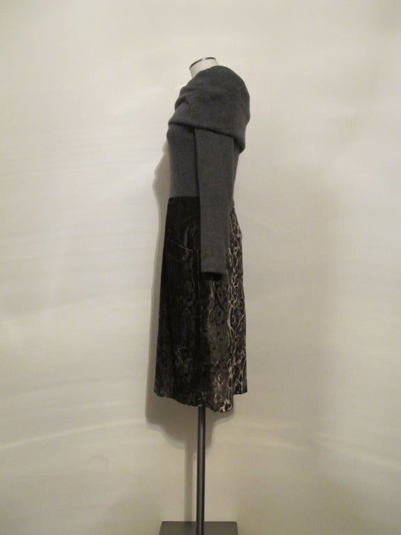 Bill Blass dress with grey cashmere bodice with a draped shawl neckline, and a panné velvet animal print skirt with two front pockets in various shades of muted greys, and a rich brow velvet base. Sleeve Length 23.5 inches, Shoulder to shoulder 16