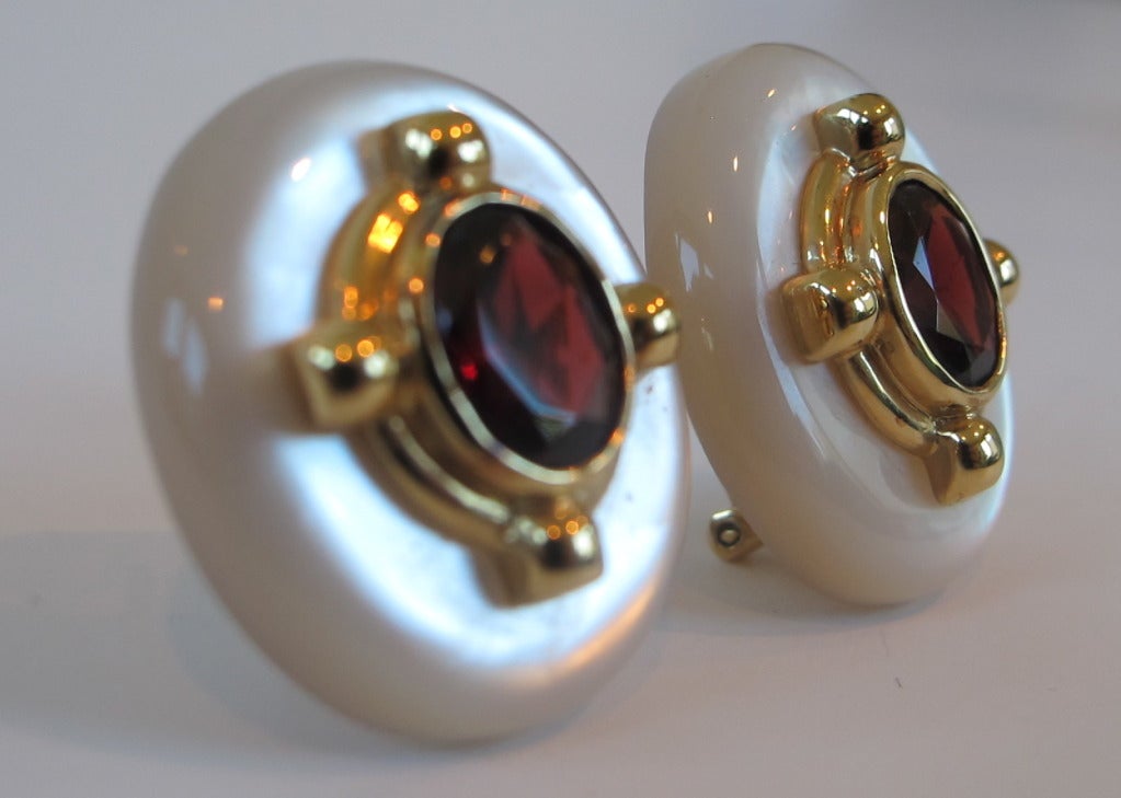 Kai-Yin Lo Faceted Garnet & Mother-of-Pearl French Back Earrings Set in Vermeil In Excellent Condition In San Francisco, CA