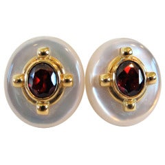 Vintage Kai-Yin Lo Faceted Garnet & Mother-of-Pearl French Back Earrings Set in Vermeil